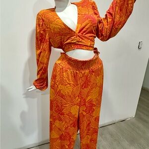 Bar III Orange Leaf-Print Wide-Leg Jumpsuit Set